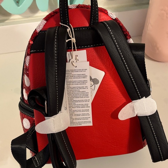 Loungefly Disney Minnie Mouse Sequin Red and White Backpack with Ear Holder - Picture 3 of 4